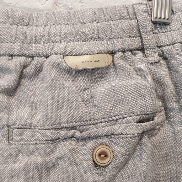 Zara 100% Linen Pants Mens M 32 x 27 Gray Light Blue Drawstring Casual Pull On. - Picture 6 of 12